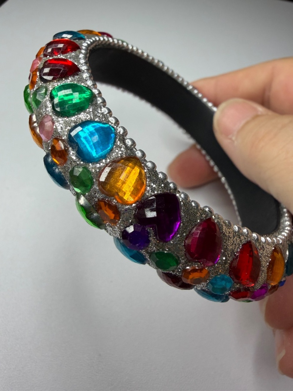 Vintage RETRO Silver Tone Chunky Colorful Rhinestone Bangle Bracelet